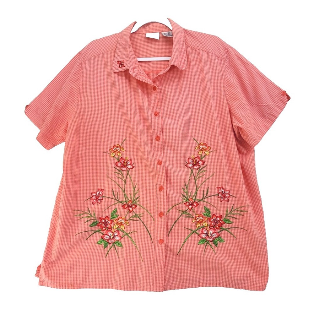 Vtg Plus Size Embroidered Button‎ Up Shirt Coral Gingham Bobbie Brooks 18W 20W
